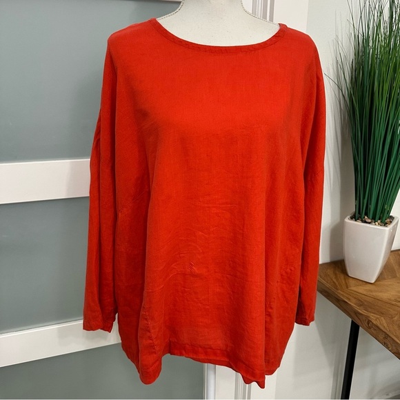 Eileen Fisher Red Linen Boxy Top Side Pockets SZ 2X Relaxed Fit Summer GUC - Picture 1 of 10